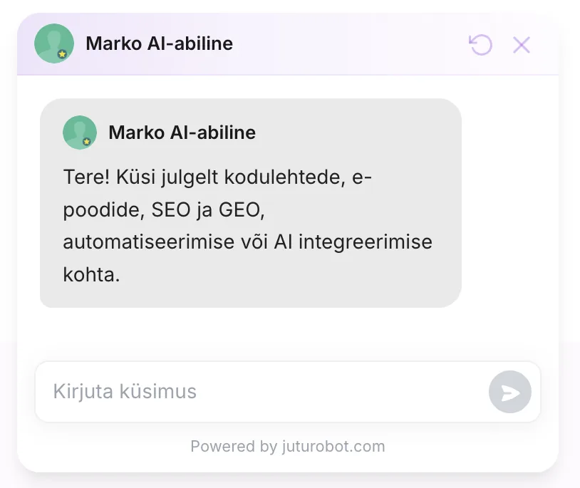 Eestikeelne juturobot.com-i vestlusaken: tervitus ja küsimuse sisestamise väli