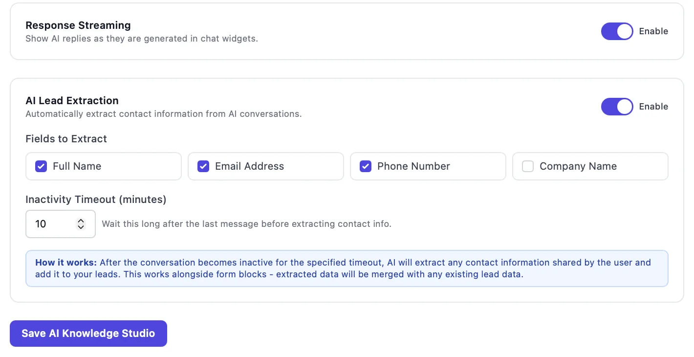 AI Lead Extraction: kogutakse nimi, e-post ja telefon, Inactivity Timeout 10 minutit