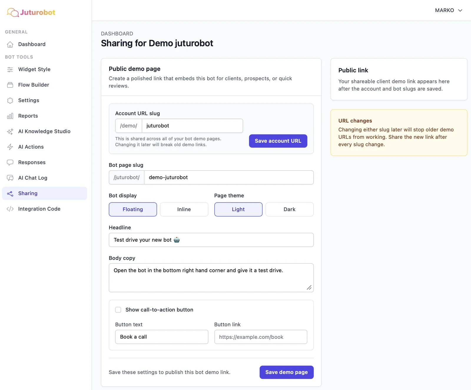 Sharing Public demo page: demolehe aadress, Floating või Inline vaade, hele või tume teema ja pealkiri