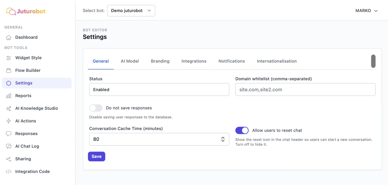 Settings General: roboti olek, Domain whitelist ja Allow users to reset chat