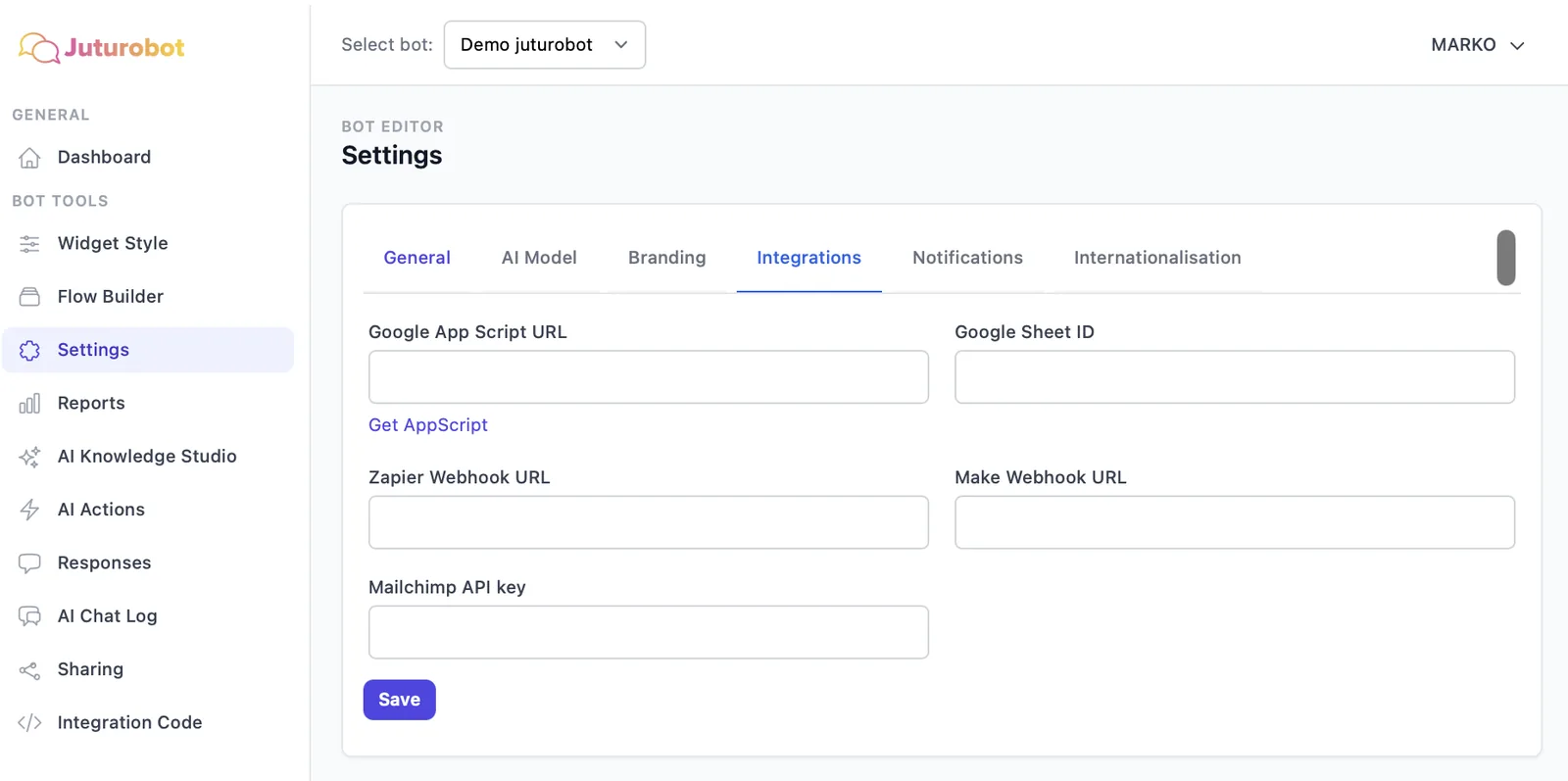 Settings Integrations: Google App Script URL, Google Sheet ID, Zapieri ja Make'i webhook ning Mailchimpi API võti
