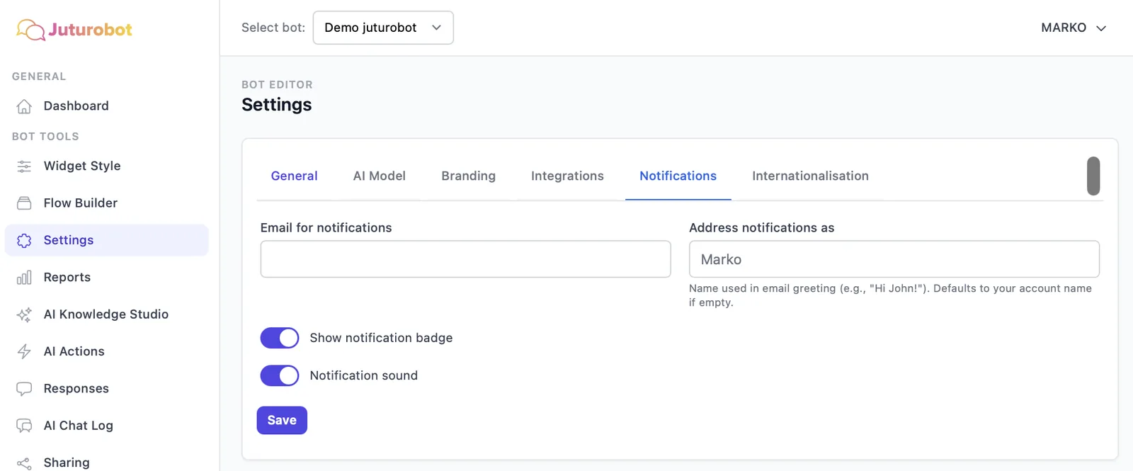 Settings Notifications: e-posti aadress, kuhu juturoboti päringud saadetakse