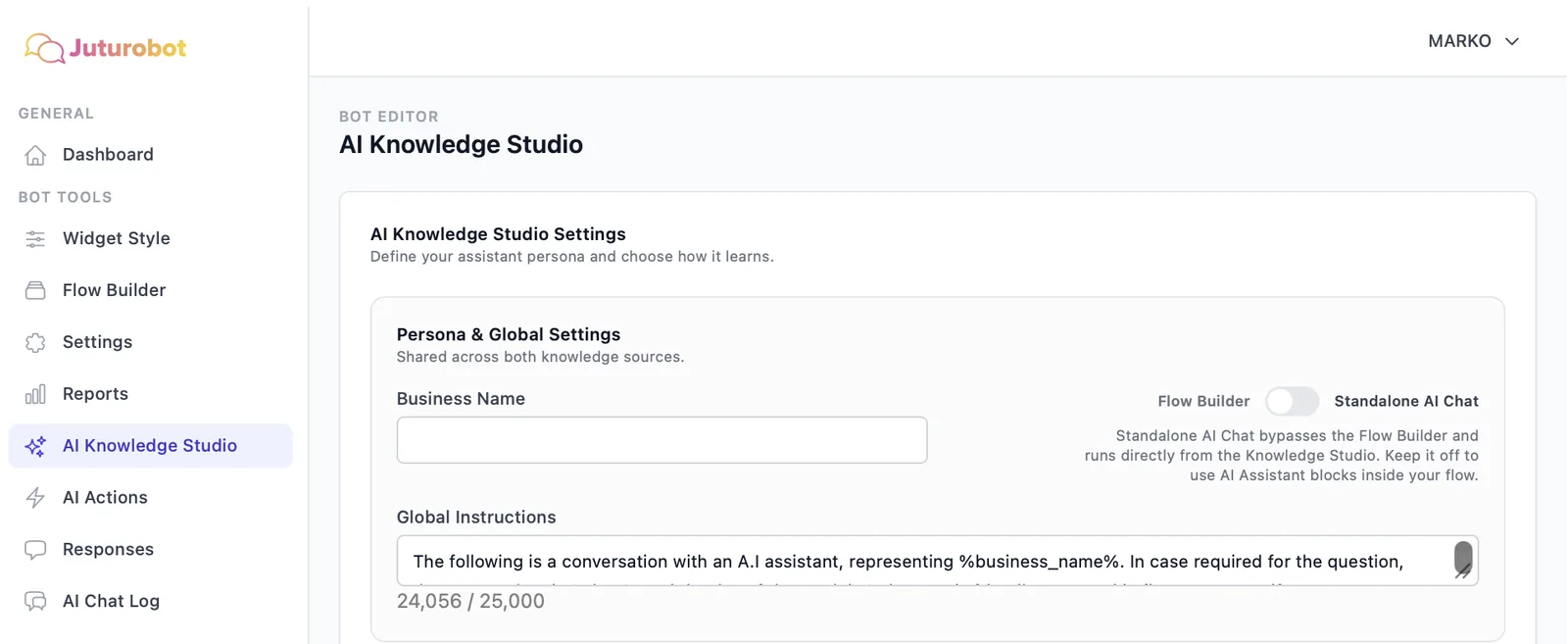 AI Knowledge Studio: Business Name, Global Instructions ja lüliti Flow Builder / Standalone AI Chat