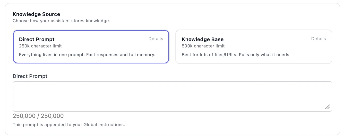 Teadmusbaasi valik juturobot.com-is: Direct Prompt kuni 250 000 ja Knowledge Base kuni 500 000 tähemärki