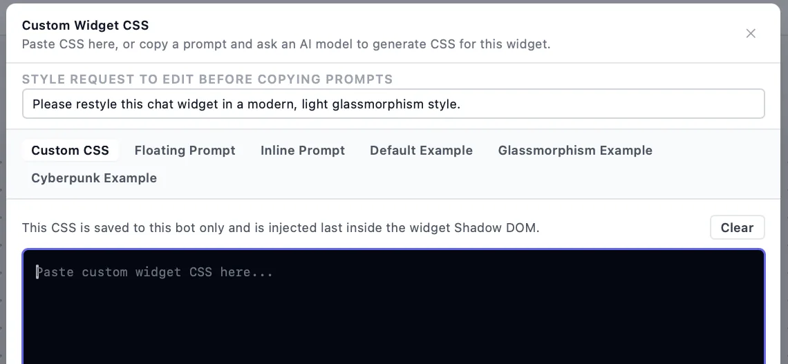 Custom Widget CSS aken: oma CSS, valmis prompt AI jaoks ning näited Glassmorphism ja Cyberpunk